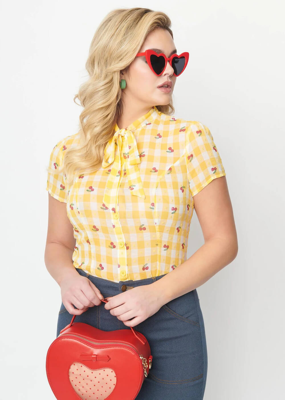 – Elsie 40\'s & Cherry Unique Gelb Bluse Gingham Vintage